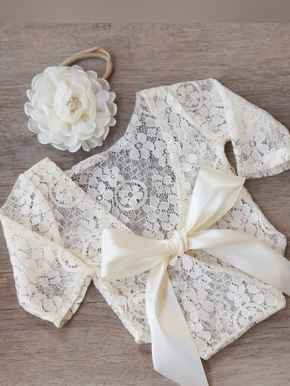Newborn Baby Girl Lace Romper & Flower Headband 2Pc Set Photo Prop Ivory & White